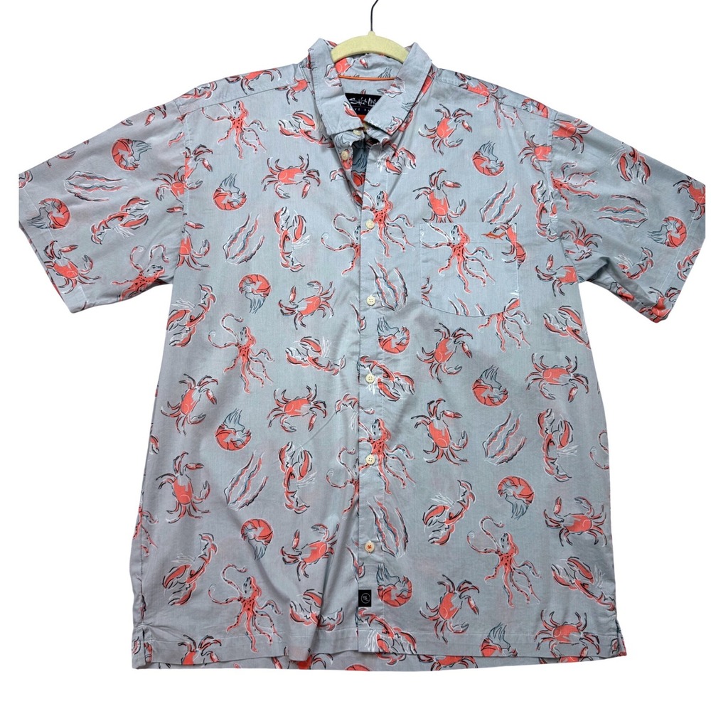 Salt Life Button Down Shirt Mens L Grey Excellent Sea Life Crab Octopus SLM30207